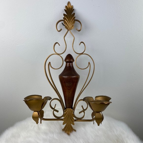 Vintage Other - Vintage Wood & Brass Rose Candle Holder Wall Hanging 17.5" X 9.5" X 4"